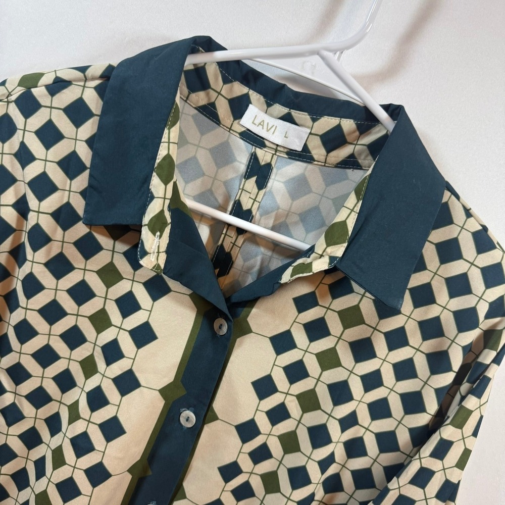 LAVI Mens Geometric Diamond Print Button Down Shirt Green Navy Blue Large